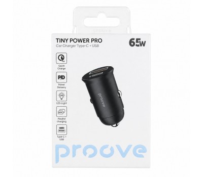 Автомобильное зарядное устройство Proove Tiny Power Pro 65W Type-C + USB, черное